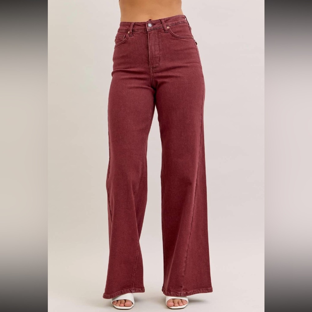 Judy Blue Jeans Burgundy High Waist Retro Wide With Twisted Seams Jeans